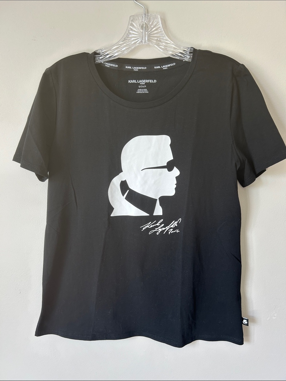 Karl Lagerfeld Black Tee with White Profile Graphic and Signature on Back